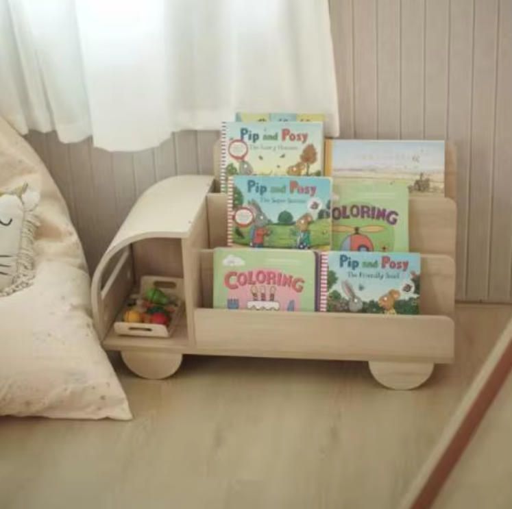 Minimalist Kids Wooden Truck Bookshelf Toddler's Desktop Organizer and Floor Bookcase for Home and School