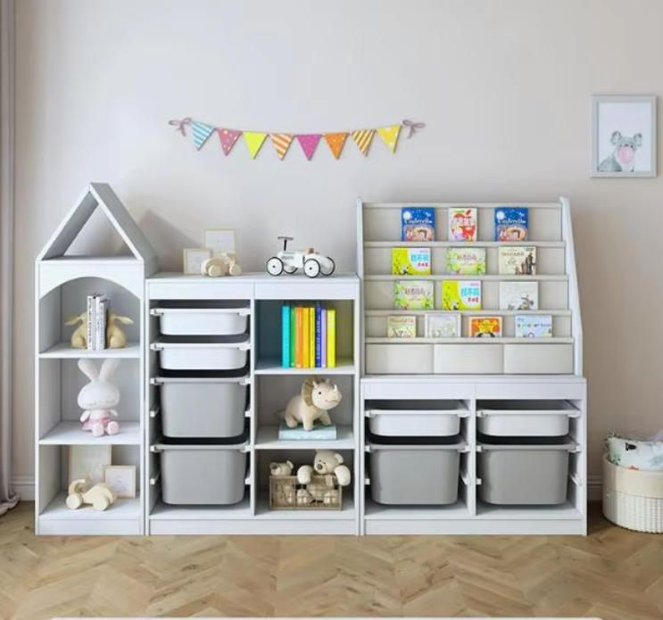 Kids Floor-standing Bookshelf with Picture Book and Toy Storage Woodcrafts Organizer for Kindergarten