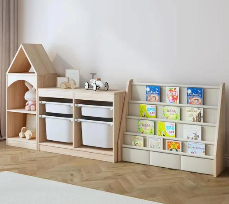 Kids Floor-standing Bookshelf with Picture Book and Toy Storage Woodcrafts Organizer for Kindergarten