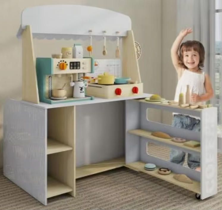 Wooden Pretend Play Coffee Shop and Kitchen Set for Kids