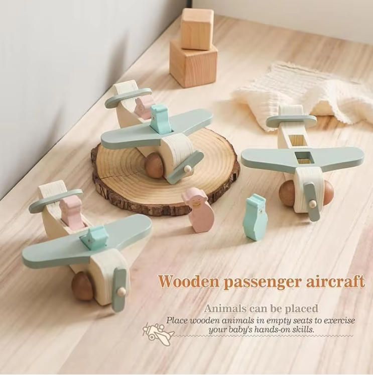 Unisex Montessori Wooden Airplane Block Set Air Transport Vehicle Pull Games Educational Learning Toy for Babies Newborn