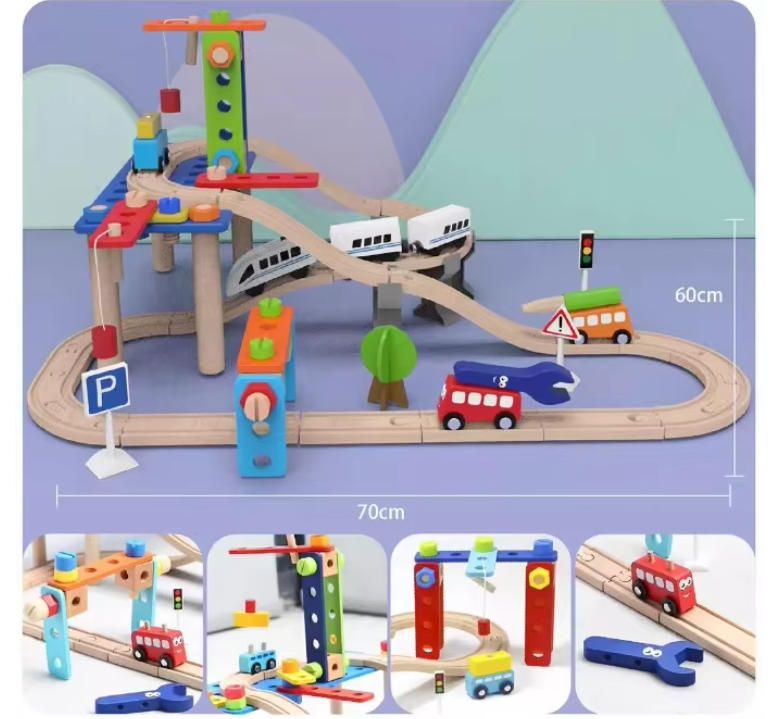 Small Electric Train Set Wooden Children's Puzzle Assembly Toy Handmade Educational DIY Woodcrafts with Block Set Track