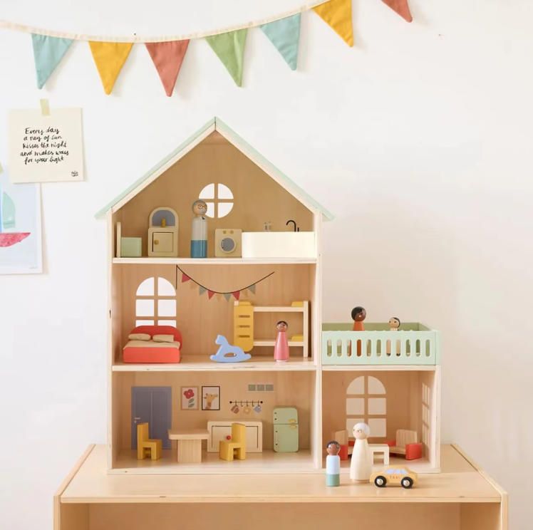 Unisex Educational Wooden Dollhouse Toy with Plastic Features Kids Construction Miniatures in Box Packaging