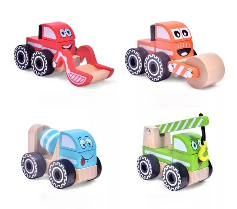 Unisex DIY Assembly Engineering Vehicle with Crane and Car Model Wood Construction Toy for Children Screw Blocks Product