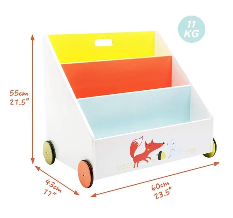 Modern Wooden Toy Storage Cabinet for Toddlers Bookcase on Wheels with Cute Animal Patterns for School Use
