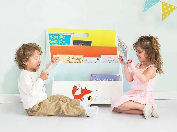 Modern Wooden Toy Storage Cabinet for Toddlers Bookcase on Wheels with Cute Animal Patterns for School Use
