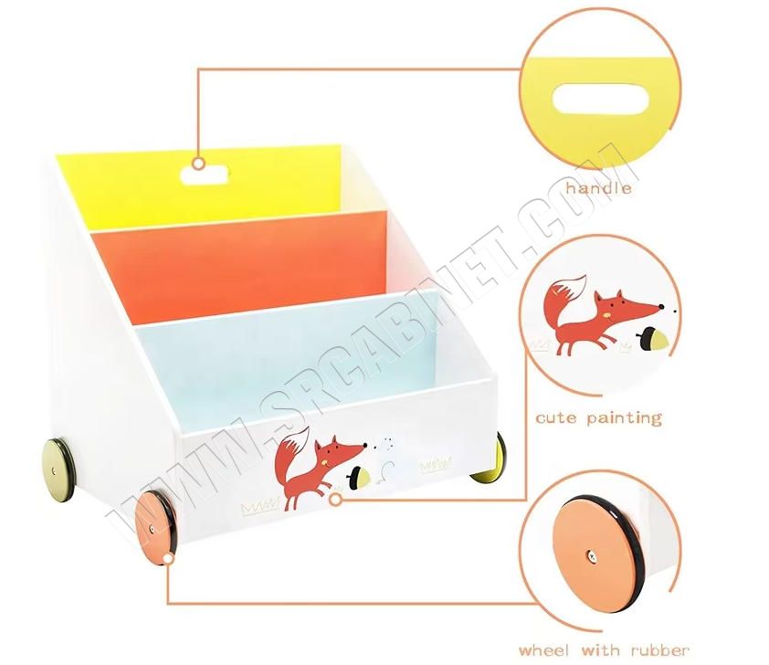 Modern Wooden Toy Storage Cabinet for Toddlers Bookcase on Wheels with Cute Animal Patterns for School Use