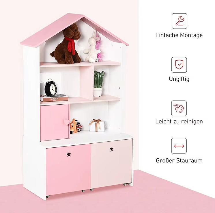 Modern Kids Bookshelf Chest Drawer with Wheels 80x34x130cm Wood Organizer Display Stand Storage Cabinet for Bedroom