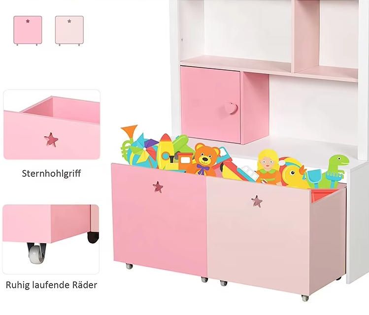 Modern Kids Bookshelf Chest Drawer with Wheels 80x34x130cm Wood Organizer Display Stand Storage Cabinet for Bedroom