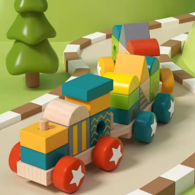 Wooden Train Building Blocks with Large Particles, Baby Early Education Puzzle Toys, 1-2 Pairs, for Children