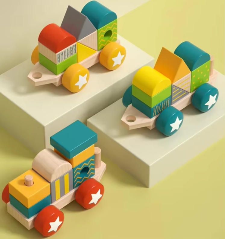 Wooden Train Building Blocks with Large Particles, Baby Early Education Puzzle Toys, 1-2 Pairs, for Children