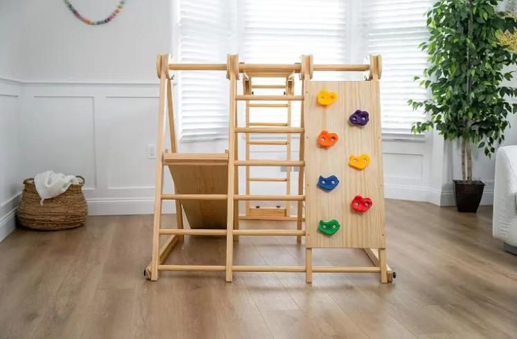 Innovative 7-in-1 Foldable Indoor Play Set for Kids 2-6 Jungle Gym with Slide Climb Wall Monkey Bars Swing Climbing Frames