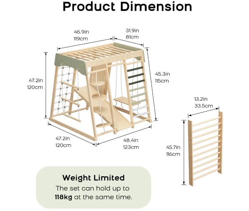 Extra Large 8-in-1 Kids Wood Climbing Set for Play and Fun with Wood Climber and Slide