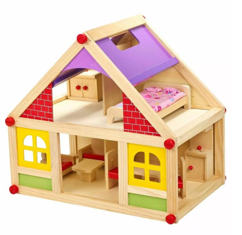 11pc Children's Wooden Doll House Furniture Figurines Educational Woodcrafts Gift for Kids
