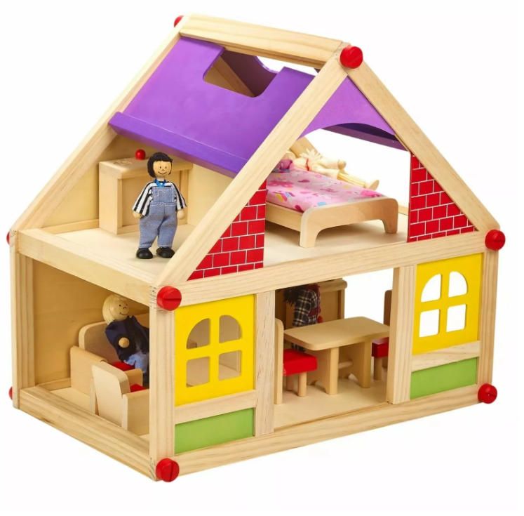 11pc Children's Wooden Doll House Furniture Figurines Educational Woodcrafts Gift for Kids