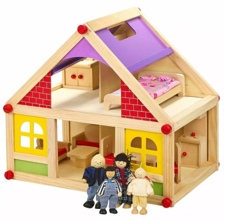 11pc Children's Wooden Doll House Furniture Figurines Educational Woodcrafts Gift for Kids