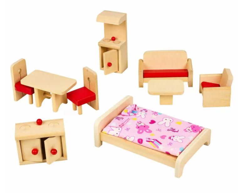 11pc Children's Wooden Doll House Furniture Figurines Educational Woodcrafts Gift for Kids