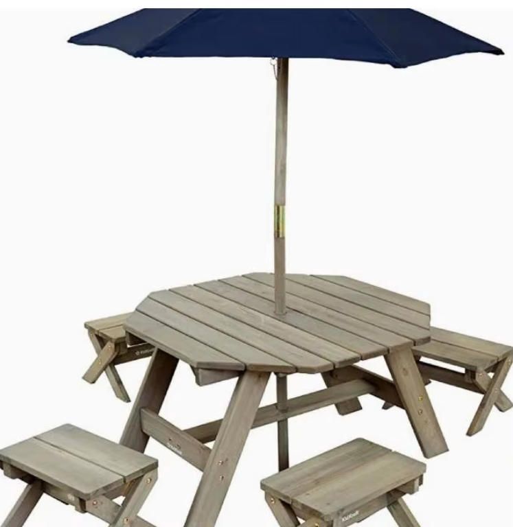 Children's Outdoor Amusement Set Wooden Octagonal Table and 4 Chairs with Umbrella for Garden Use