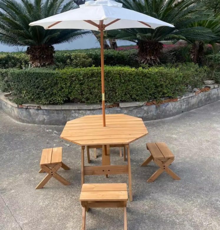 Children's Outdoor Amusement Set Wooden Octagonal Table and 4 Chairs with Umbrella for Garden Use