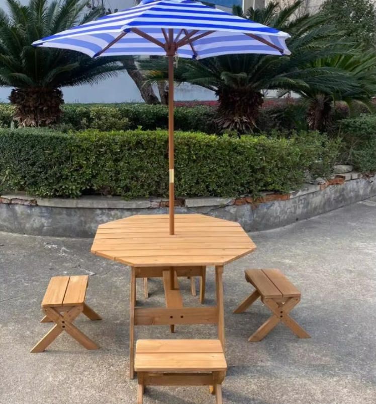 Children's Outdoor Amusement Set Wooden Octagonal Table and 4 Chairs with Umbrella for Garden Use