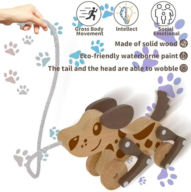 Montessori Wooden Pull Dog Toy for 1-2-3-4 Years Old Boys