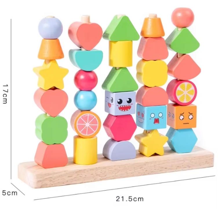 Unisex Montessori-Inspired Wood Stacking Toys 1-2 Years Old Early Education Puzzle Bead String Building Blocks Construction Toy