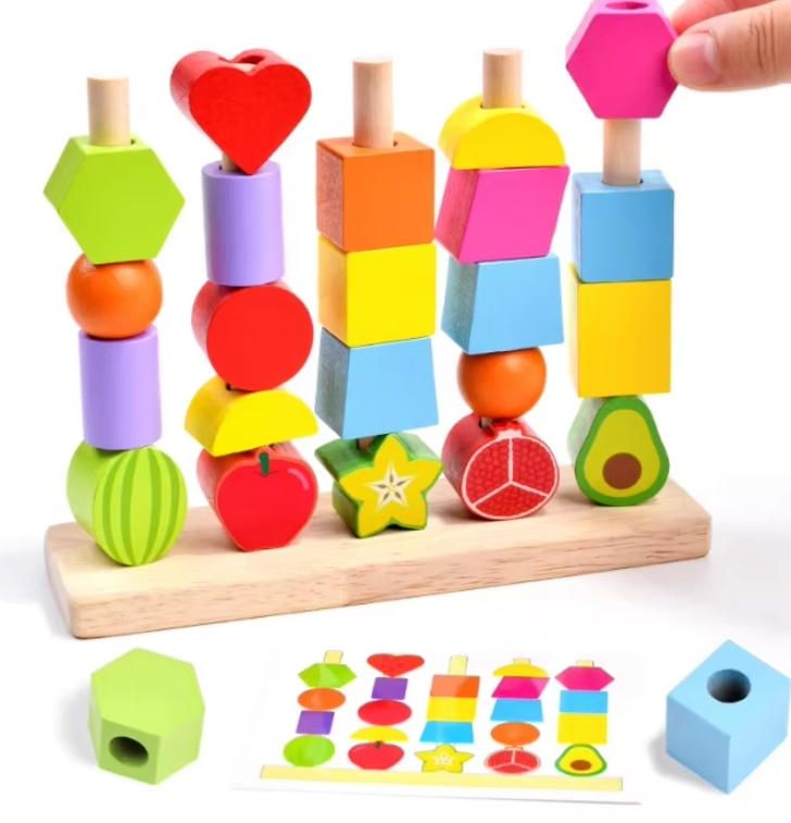 Unisex Montessori-Inspired Wood Stacking Toys 1-2 Years Old Early Education Puzzle Bead String Building Blocks Construction Toy