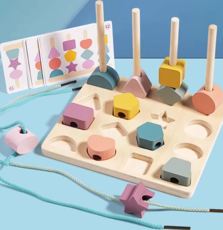 Montessori-Inspired Wood Stacking Toys 1-2 Years Old Early Education Puzzle Bead String Building Blocks Unisex Baby Boys Girls