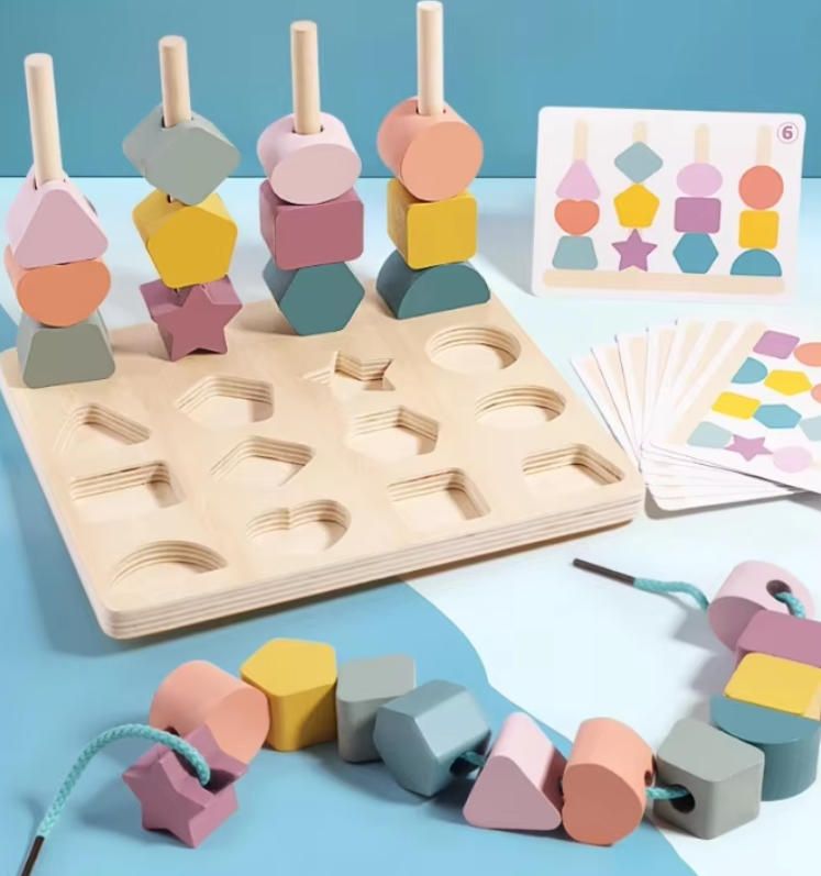 Montessori-Inspired Wood Stacking Toys 1-2 Years Old Early Education Puzzle Bead String Building Blocks Unisex Baby Boys Girls