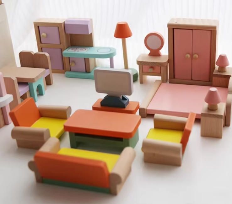 Mini Solid Wood Furniture Set for 3-6 Years Old Handcrafted Wooden Craft for Children's Home Simulation Birthday Gift Box