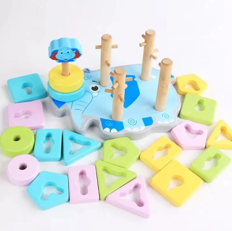 Wooden Puzzles Building Toys Geometric Shapes Recognition Stack Sort Kids