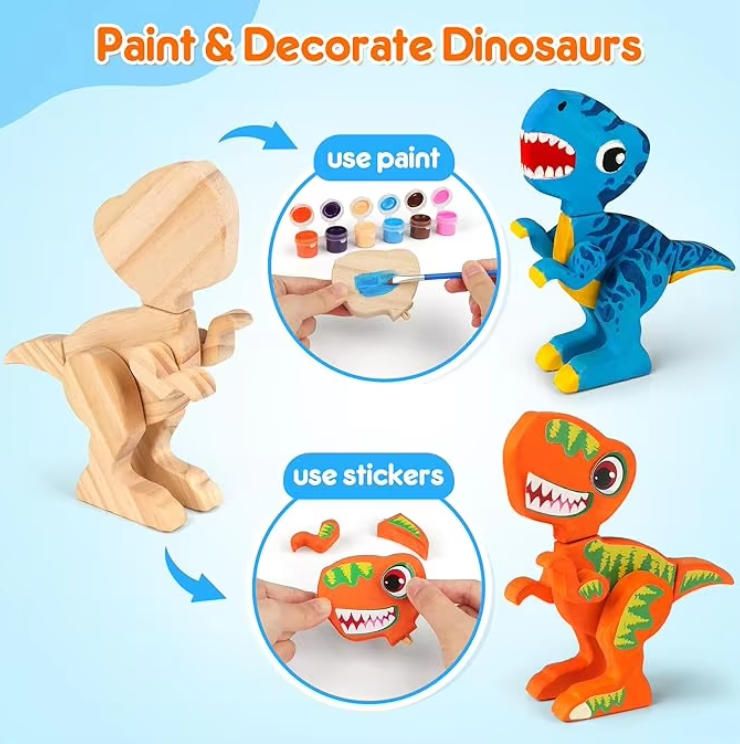 Wooden Dinosaur Painting Art Craft Kit for Kids 3-5 Take Apart Snap Together Building Toy STEM Game
