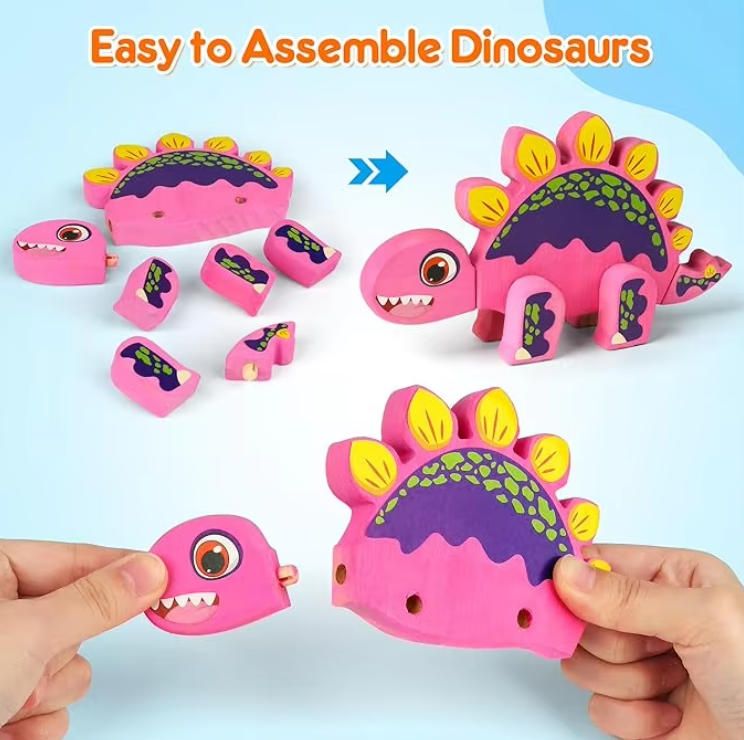 Wooden Dinosaur Painting Art Craft Kit for Kids 3-5 Take Apart Snap Together Building Toy STEM Game