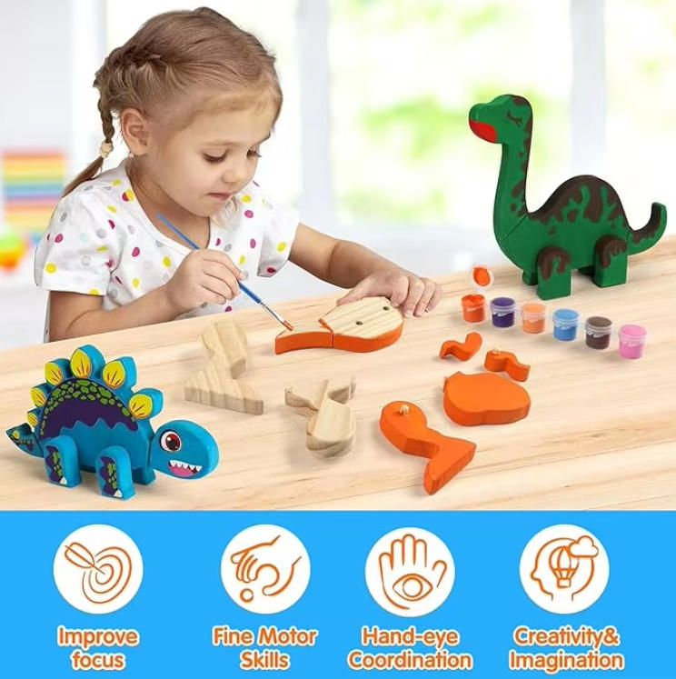 Wooden Dinosaur Painting Art Craft Kit for Kids 3-5 Take Apart Snap Together Building Toy STEM Game