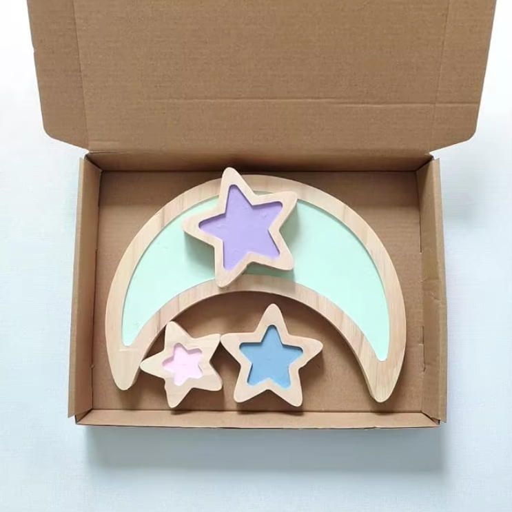 Moon Stars 3D Wooden Sticker Handmade Woodcrafts for Baby Nursery Wall Decal Children's Bedroom Home Decorations for Baby Room