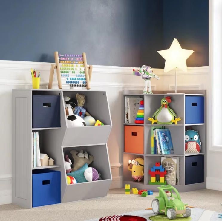 Kids Corner Playroom Cabinet with 6 Toy Storage Cubbies and 3 Angled Shelves for Bookcase Storage for Kindergarten and Home Use