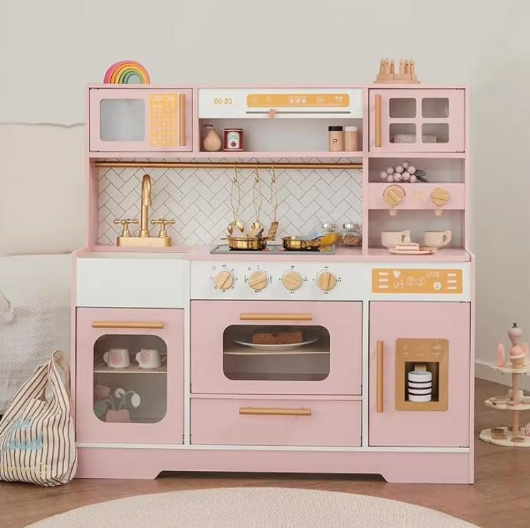 Realistic Pink Wooden Play Kitchen for Kids with 15 Fun Accessories
