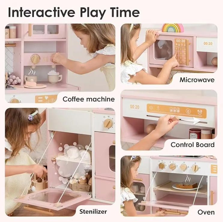 Realistic Pink Wooden Play Kitchen for Kids with 15 Fun Accessories