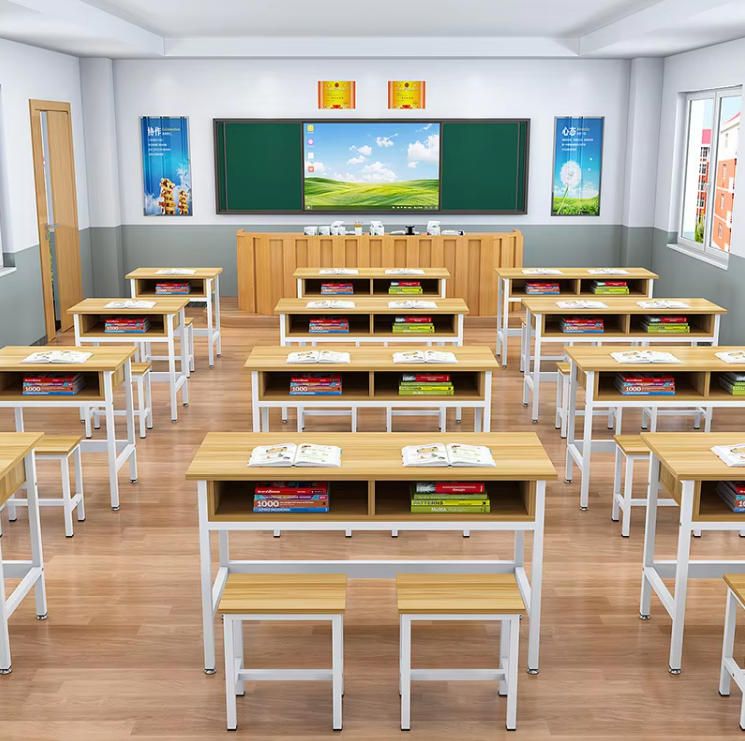 Student Training Desk with Double-Layered Drawers for Primary and Secondary Schools Kids' Furniture Set for Tutoring Classes