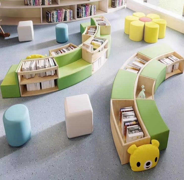 Curved Creative Sofa Combination with Bookcase Storage for School Kindergarten