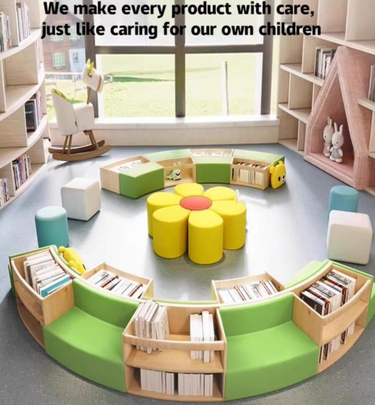 Curved Creative Sofa Combination with Bookcase Storage for School Kindergarten