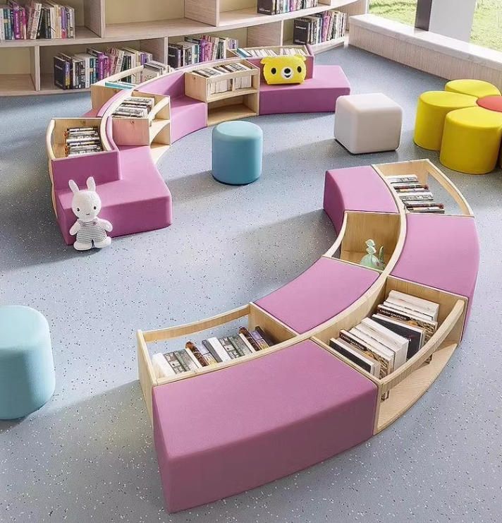 Curved Creative Sofa Combination with Bookcase Storage for School Kindergarten