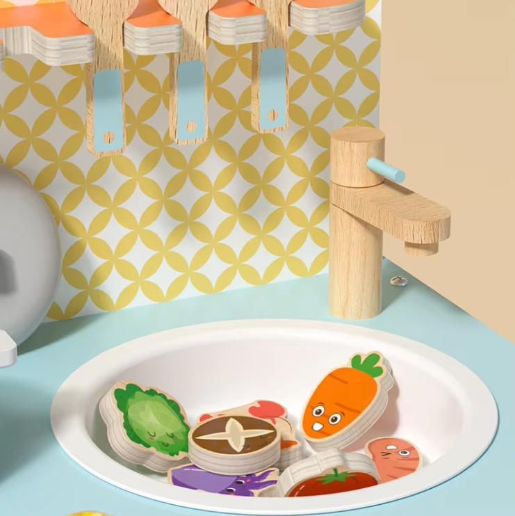 Multi-Functional Play House Simulation Wooden Kitchen Set Toy with Cooking Stove Doll and Room Layout for Role-Playing