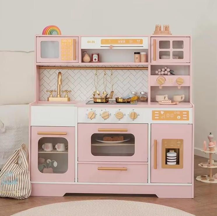 Realistic Pink Wooden Play Kitchen for Kids with 15 Fun Accessories