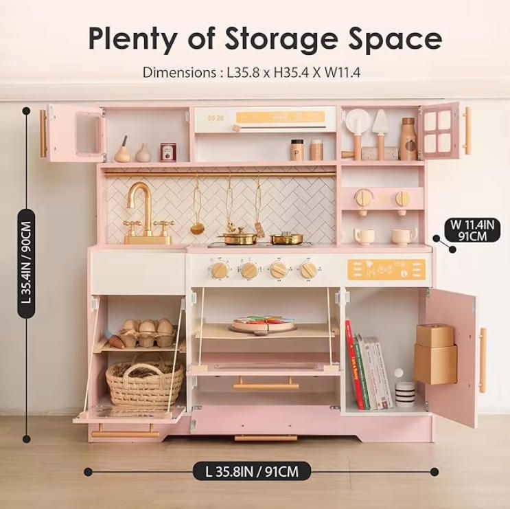 Realistic Pink Wooden Play Kitchen for Kids with 15 Fun Accessories
