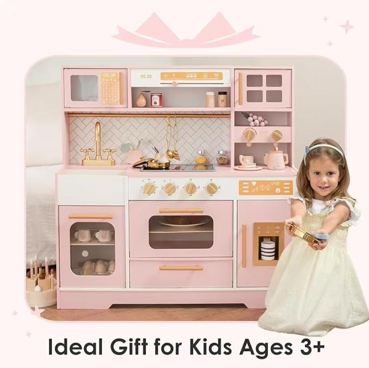 Realistic Pink Wooden Play Kitchen for Kids with 15 Fun Accessories