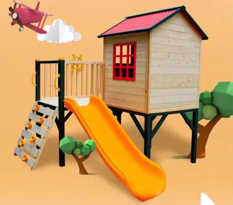 Large Outdoor Wooden Playhouse with Climbing Frame and Slide Amusement Park Equipment for Kindergarten
