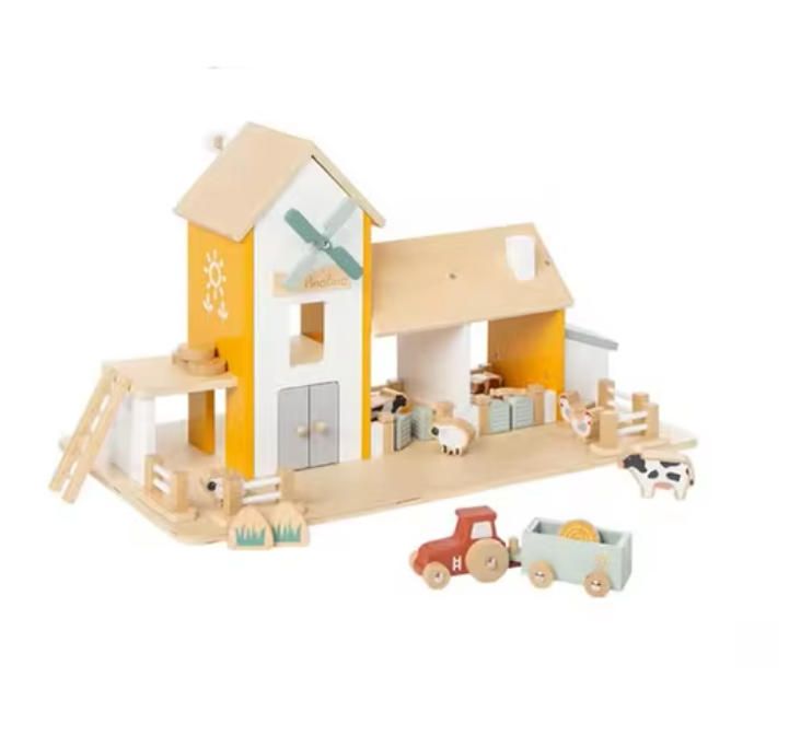 Montessori DIY Kids Wooden Play House Set with Educational Plastic Blocks Farm Scene Design Creative Toy
