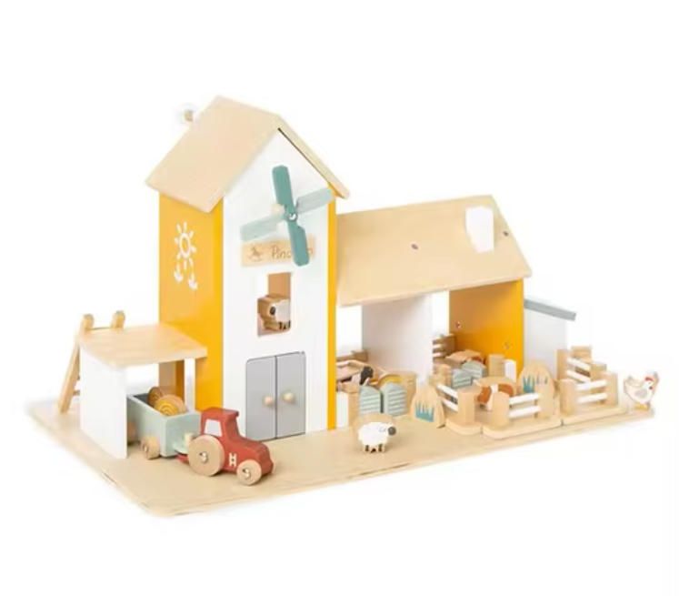 Montessori DIY Kids Wooden Play House Set with Educational Plastic Blocks Farm Scene Design Creative Toy